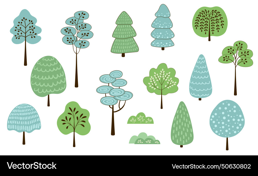 Cute trees with trunk branches and leaf in simple Vector Image