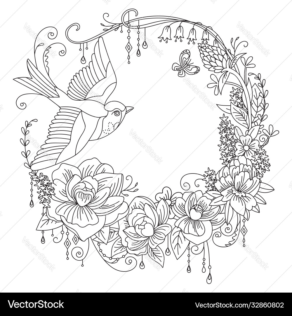 Floral Bird Wreath Vector Image