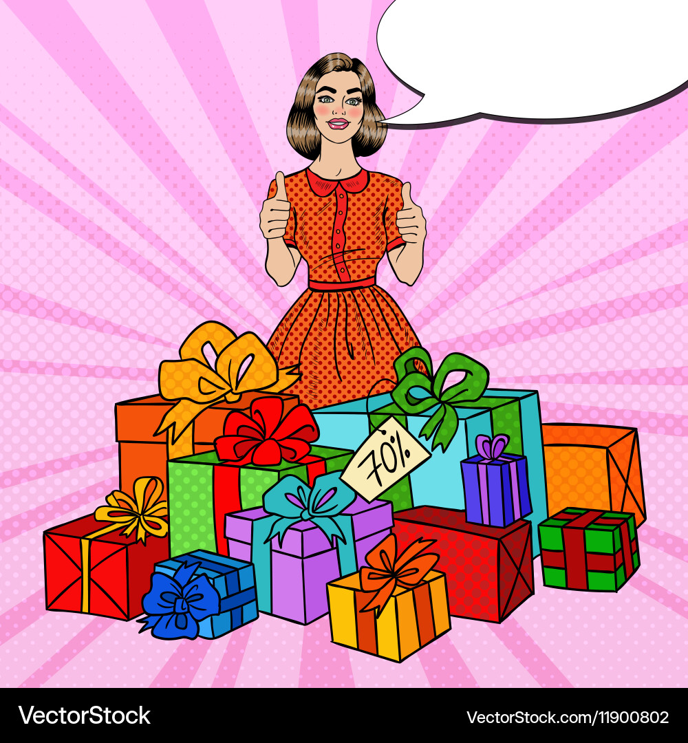 Pop art woman with huge gift boxes and thumbs up Vector Image