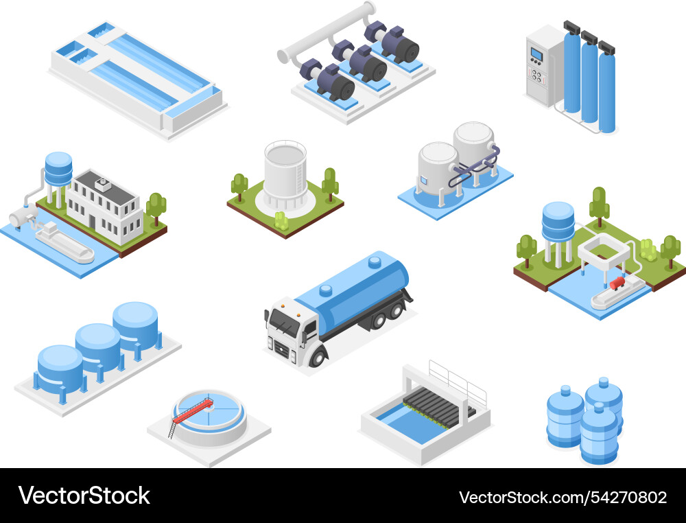Water purification 3d isometric system industrial Water purification 3d isometric system industrial vector image