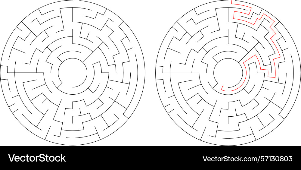 Mazes one solved with a red path Mazes one solved with a red path vector image