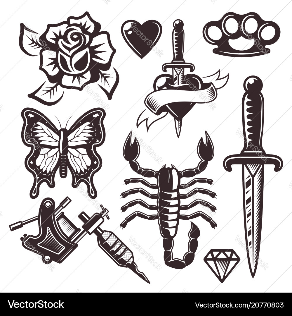 Tattoo set of objects and design elements Tattoo set of objects and design elements vector image