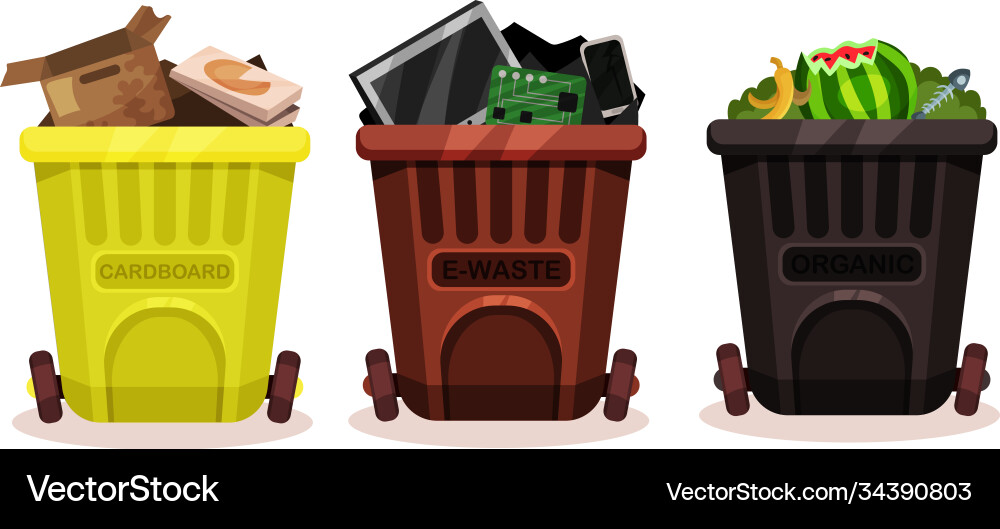 Trash bins full sorted garbage set Trash bins full sorted garbage set vector image