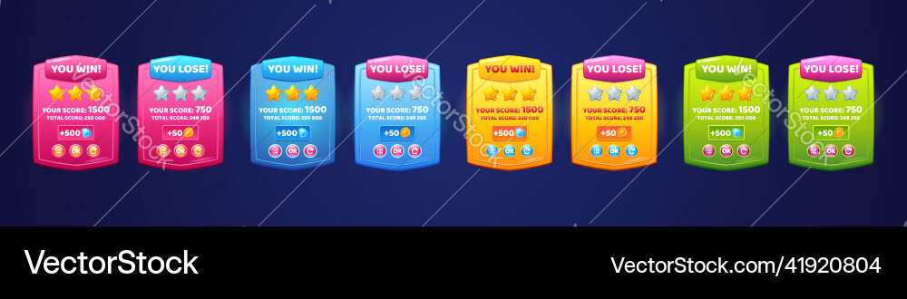 Game ui interface boards with win and lose vector image