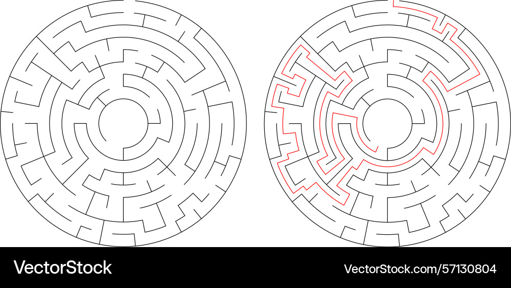 Mazes one solved with a red path Mazes one solved with a red path vector image