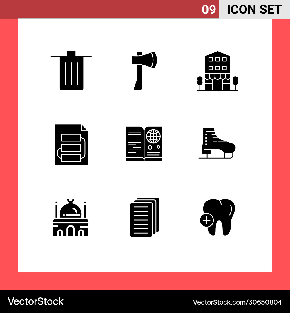 Set 9 solid glyphs on grid for file shops axe vector image