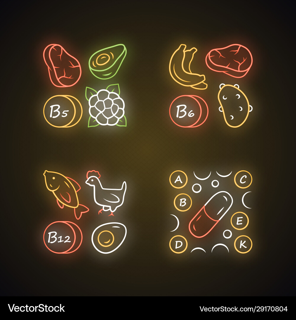 Vitamine Neon Licht Ikonen gesetzt b5 b6 b12 natürlich Vitamine Neon Licht Ikonen gesetzt b5 b6 b12 natürlich vektorbild