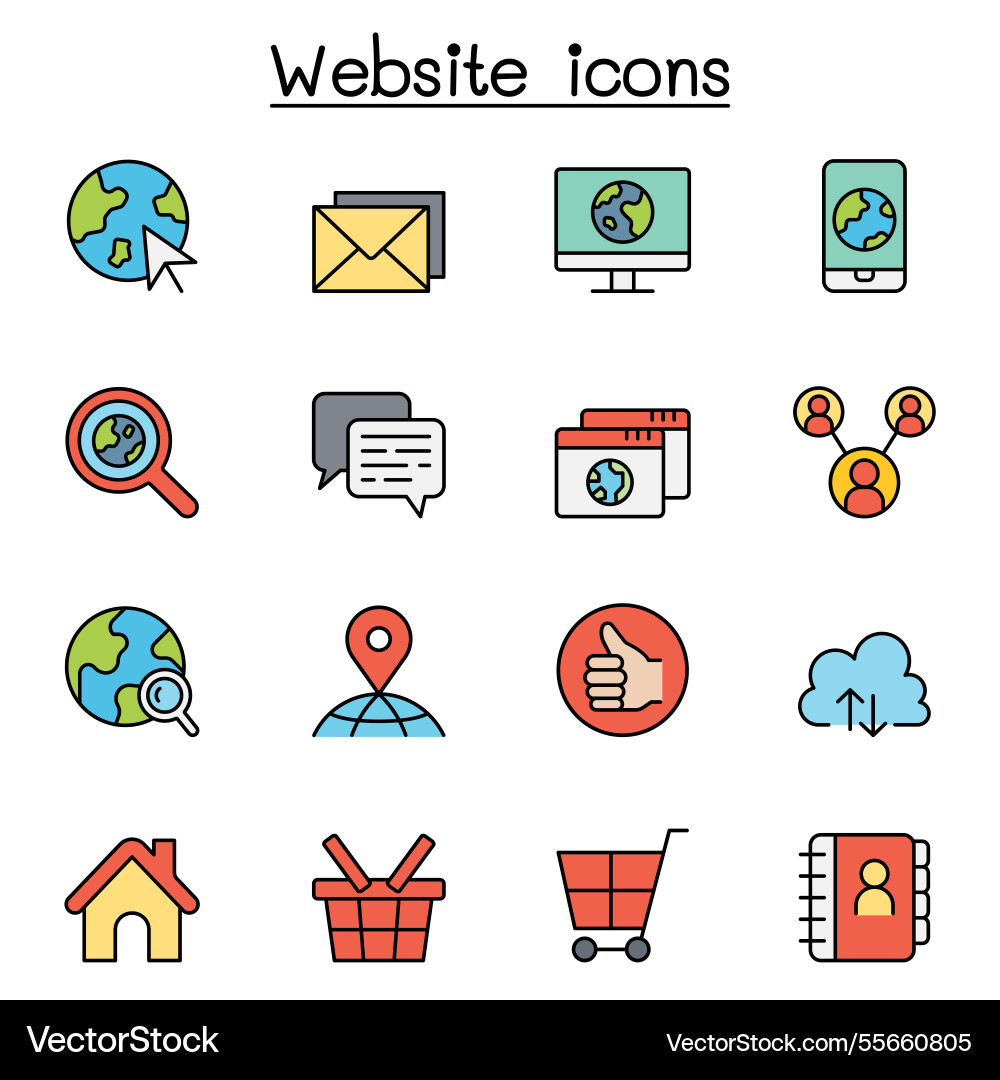 Internet browser website icon set in color line Internet browser website icon set in color line vector image