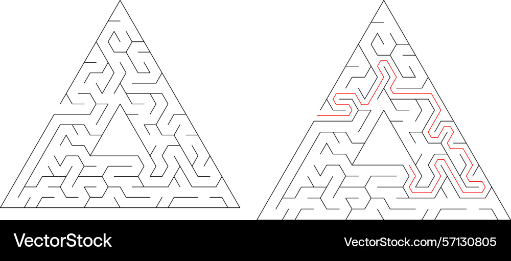 Mazes one solved with a red path Vector Image