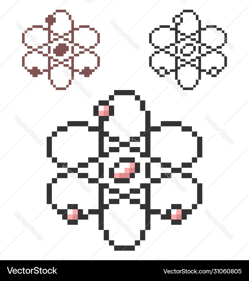 Pixel icon atom model in three variants fully vector image