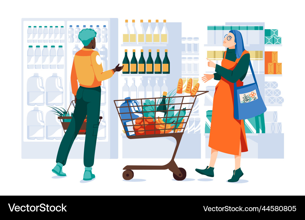 Zwei Mädchen im Supermarkt mit Trolley voll Zwei Mädchen im Supermarkt mit Trolley voll vektorbild