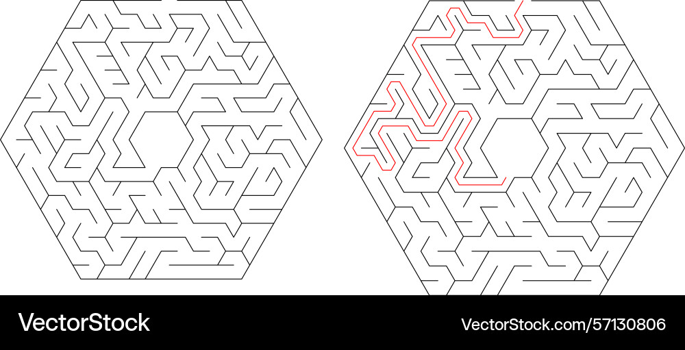 Mazes one solved with a red path Mazes one solved with a red path vector image