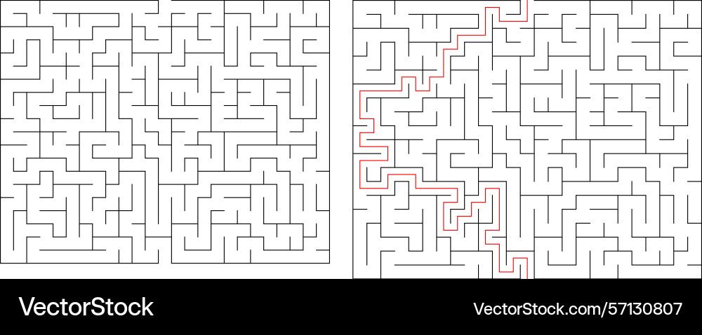 Mazes one solved with a red path Mazes one solved with a red path Vector Image