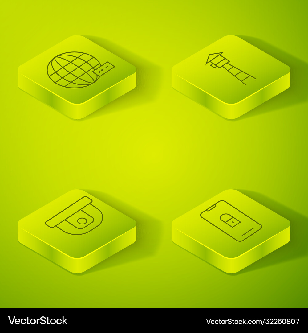 Set isometric watch tower motion sensor mobile Set isometric watch tower motion sensor mobile vector image