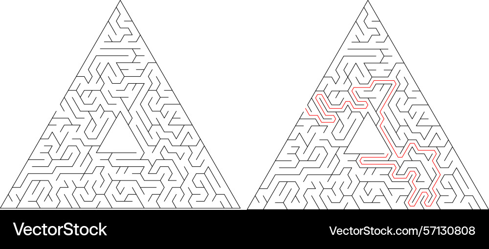 Mazes one solved with a red path Mazes one solved with a red path Vector Image