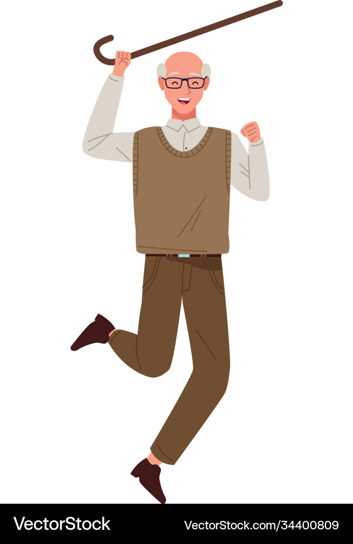 Happy old man celebrating with cane chararacter Happy old man celebrating with cane chararacter vector image