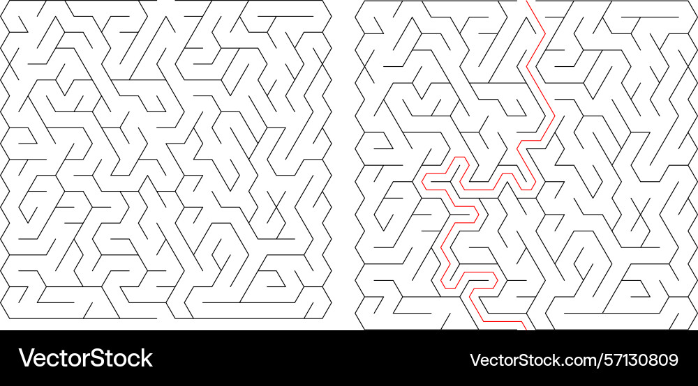 Mazes one solved with a red path vector image