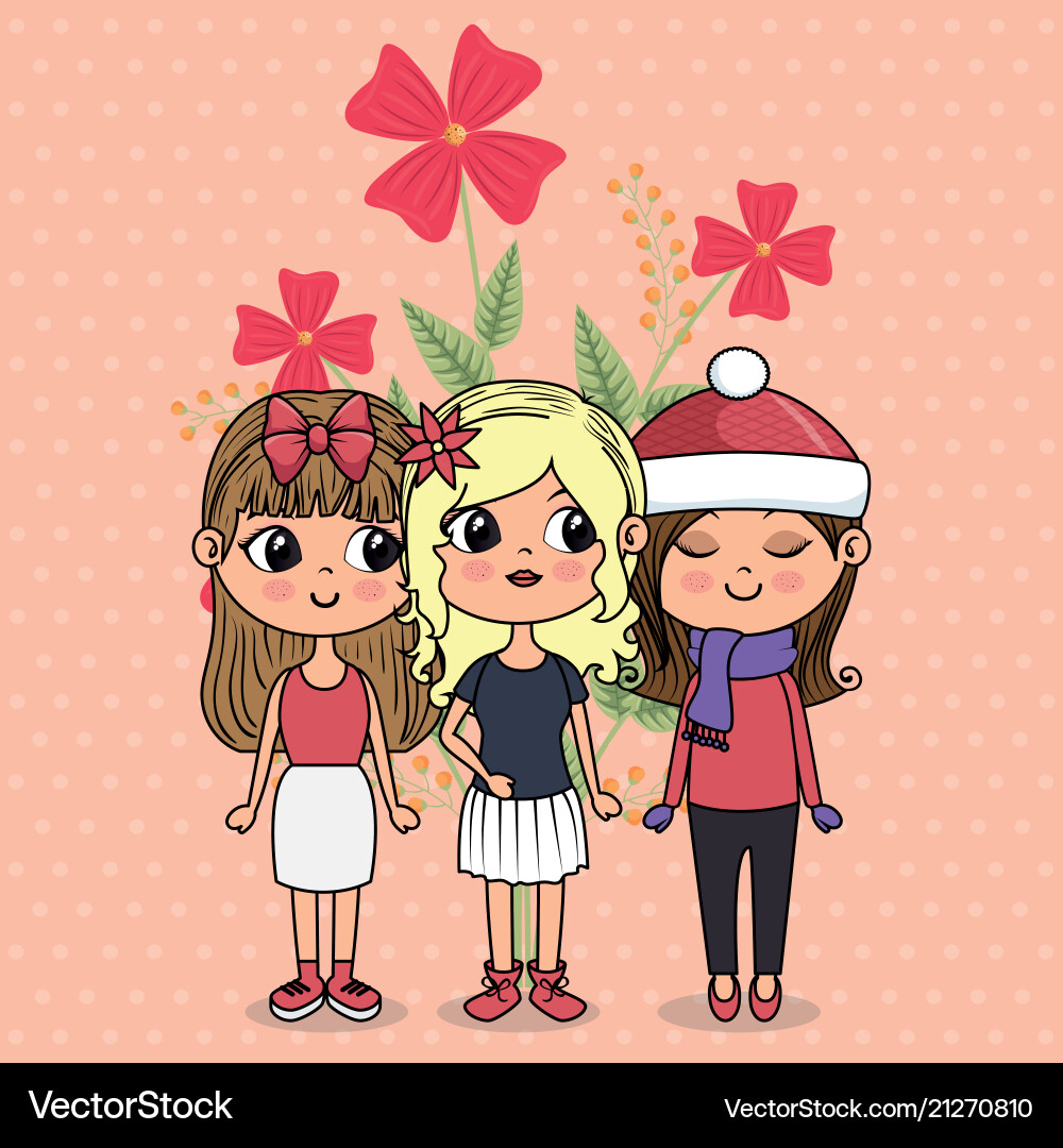 Cute girls group characters with floral decoration Cute girls group characters with floral decoration vector image