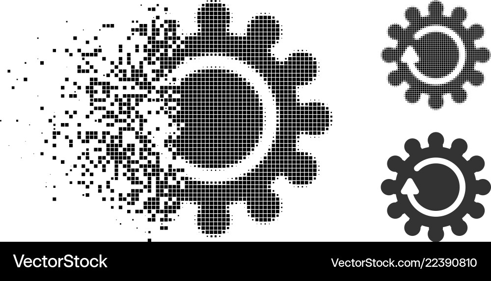 Dissolving pixelated halftone cog rotation icon vector image