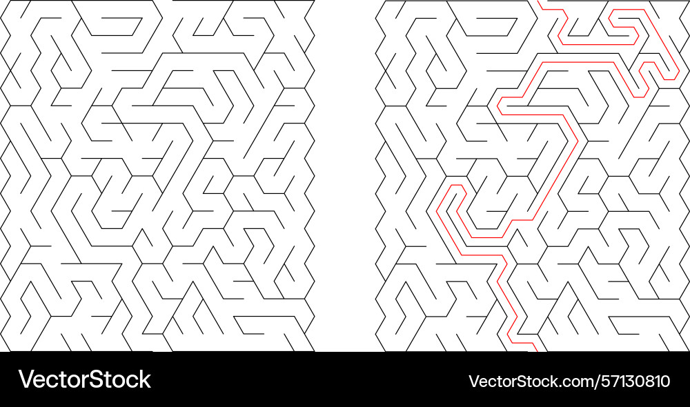 Mazes one solved with a red path Vector Image