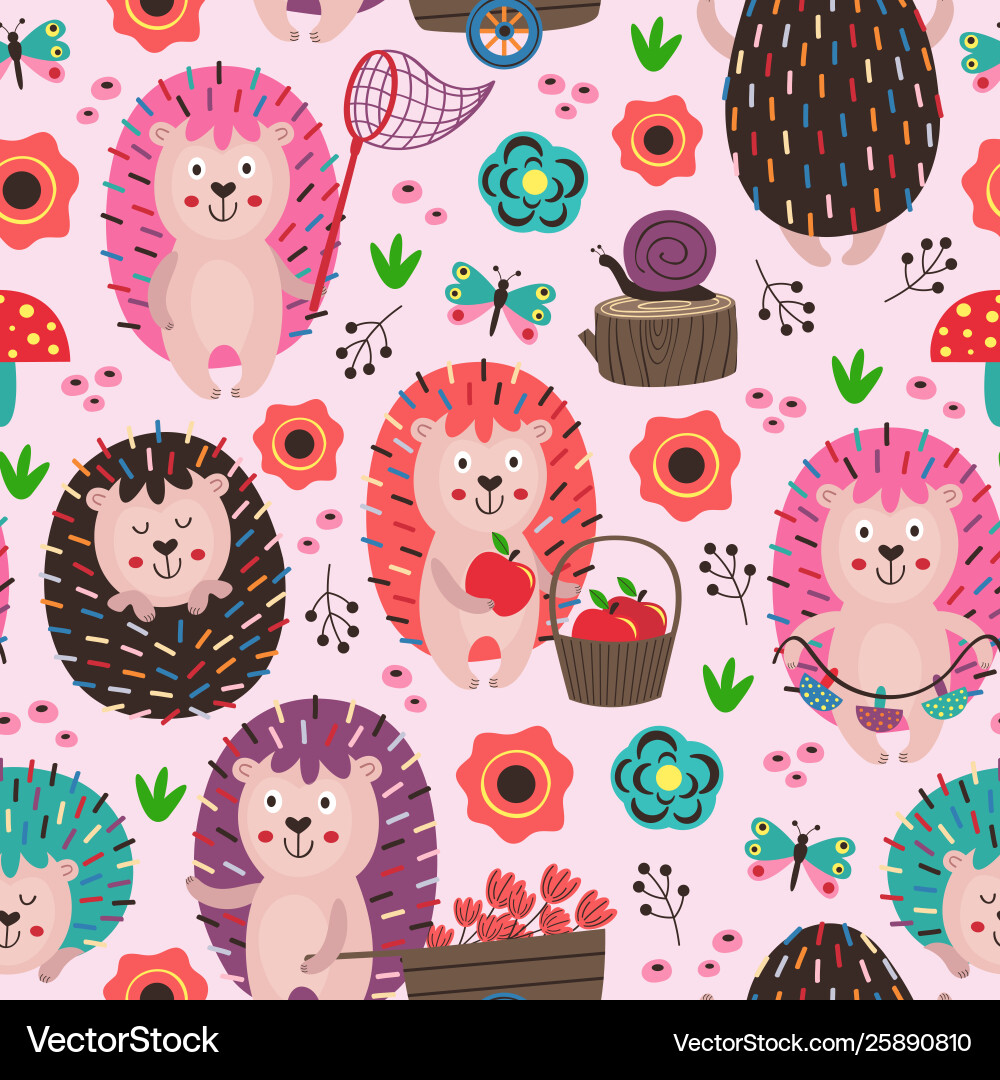 Pink Hedgehog Pattern - Cute Animals Vector Image