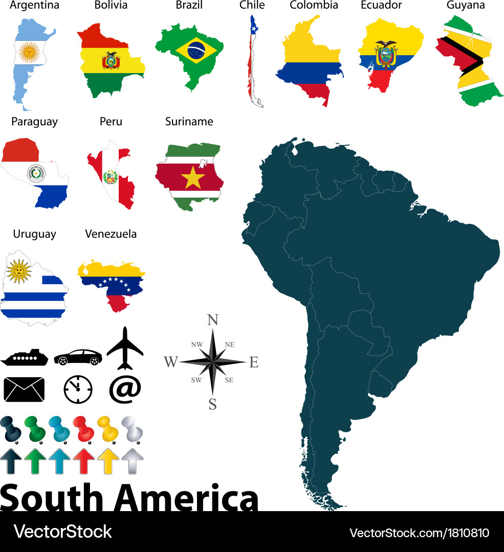 South America Map with Flags vector image