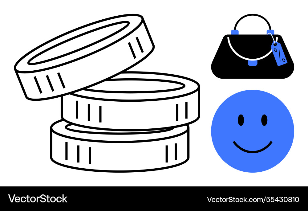 Stacked coins handbag with price tag and smiling Vector Image