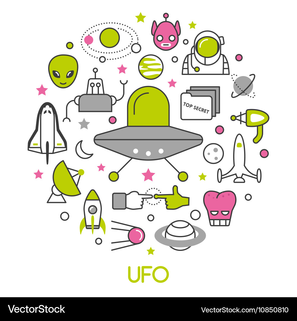 Ufo and space thin line icons set with aliens vector image