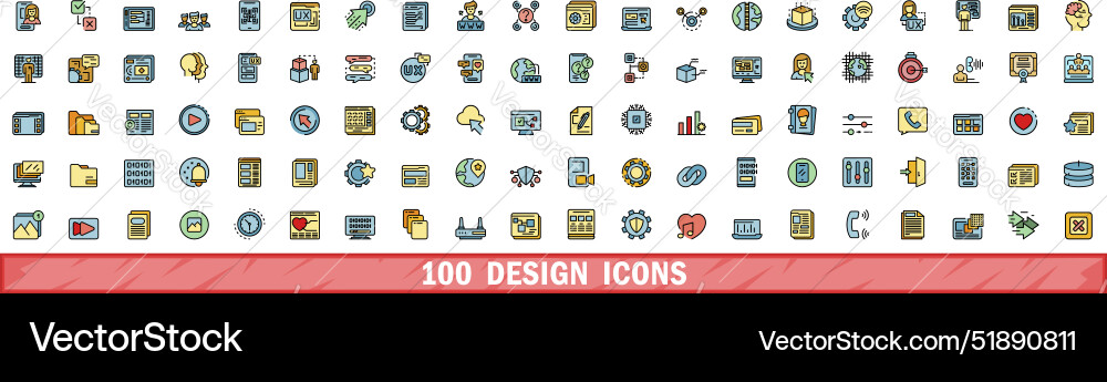 100 design icons set color line style 100 design icons set color line style Vector Image