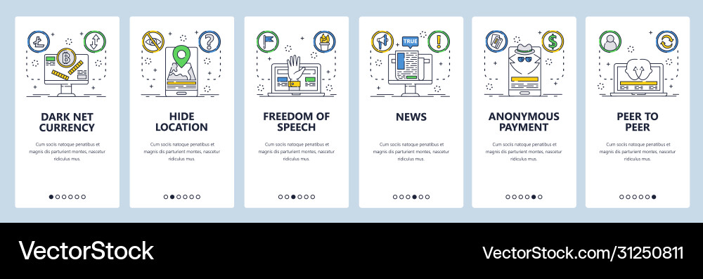 Dark net website and mobile app onboarding screens Dark net website and mobile app onboarding screens Vector Image