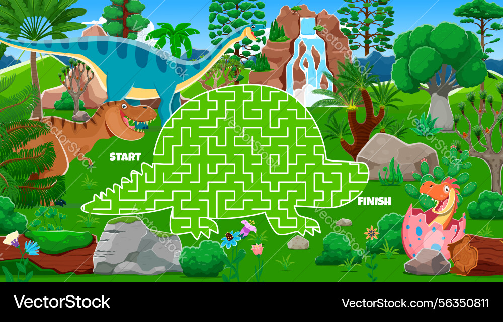 Kids labyrinth maze game with cartoon dinosaurs Kids labyrinth maze game with cartoon dinosaurs vector image