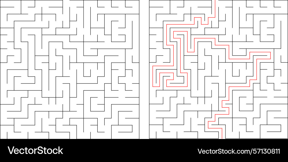 Mazes one solved with a red path Mazes one solved with a red path vector image