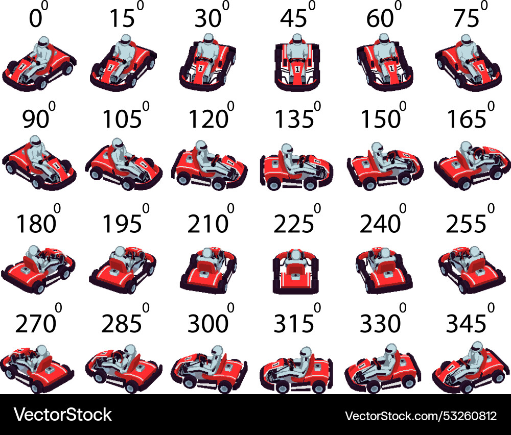 A set of 24 pixel superkart from different angles A set of 24 pixel superkart from different angles Vector Image
