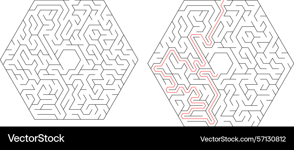 Mazes one solved with a red path Mazes one solved with a red path vector image