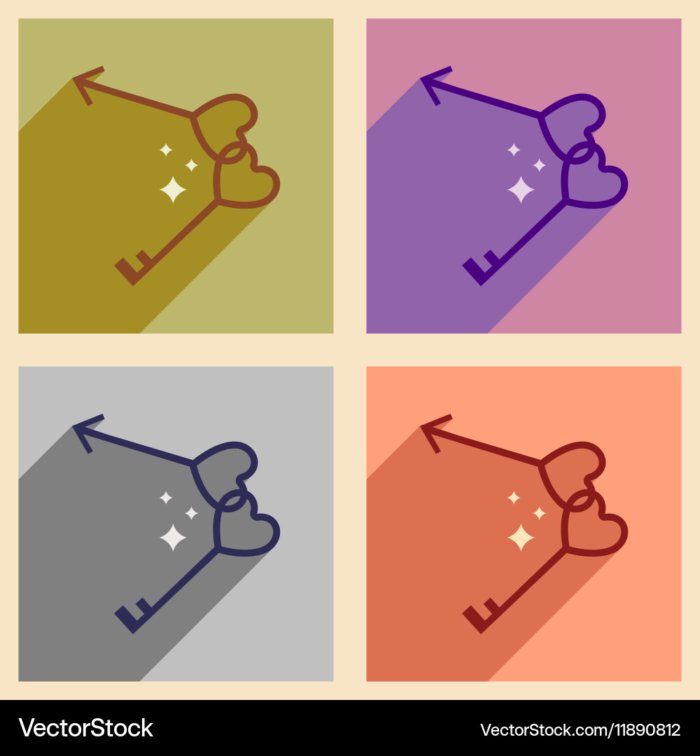 Set of flat web icons with long shadow keys heart vector image