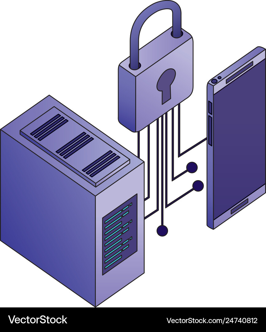 Smartphone device with data server and padlock Smartphone device with data server and padlock vector image
