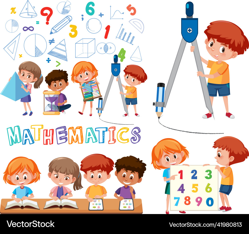 Math classroom objects with supplies and students Math classroom objects with supplies and students vector image