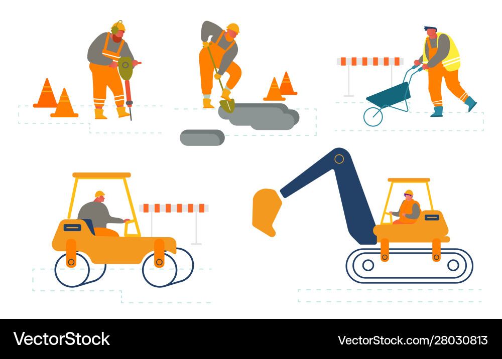 Set workers on road repair construction roller Set workers on road repair construction roller vector image