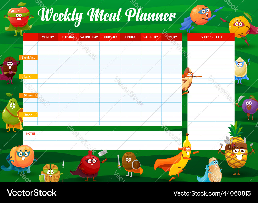 Weekly Meal Planner - Fruit Heroes Royalty Free Vector Image