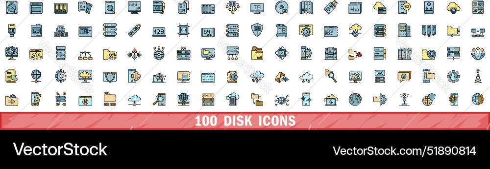100 disk icons set color line style 100 disk icons set color line style Vector Image