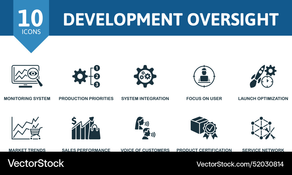 Development oversight icon set monitoring system Development oversight icon set monitoring system Vector Image