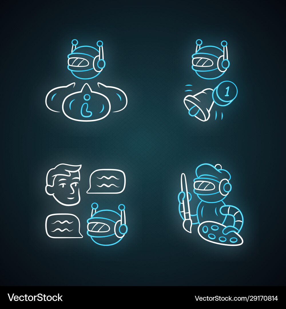 Internet robots neon light icons set chatbot vector image