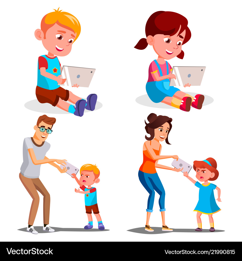 Children s gadget dependence father Children s gadget dependence father vector image