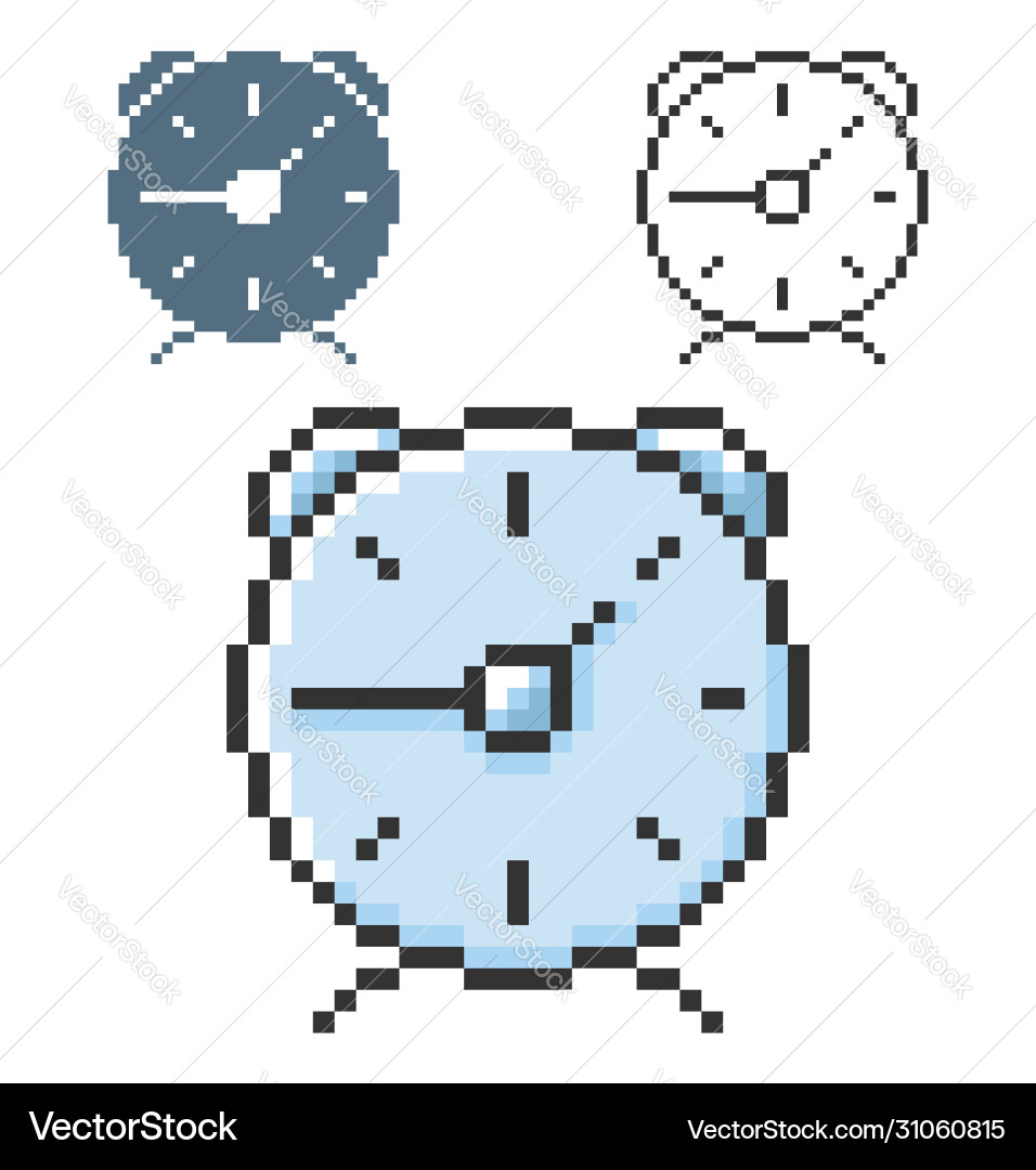 Pixel icon alarm clock in three variants fully Pixel icon alarm clock in three variants fully vector image