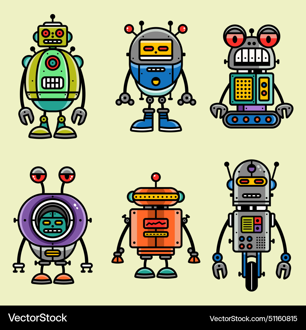Set of robot characters in cartoon style Vector Image