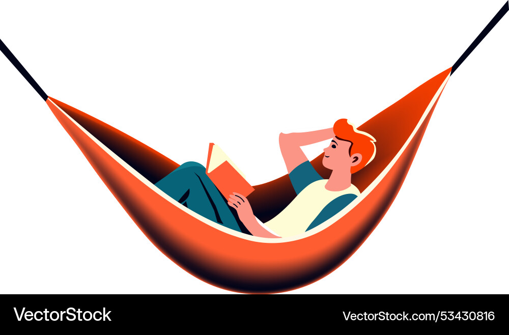 Man relaxing in hammock reading Vector Image