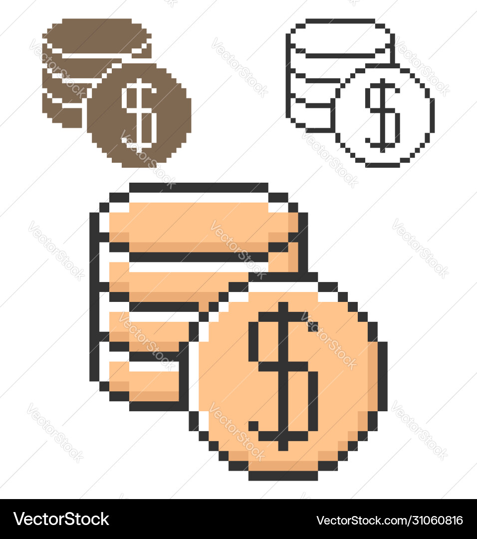 Pixel icon coins stack in three variants fully vector image