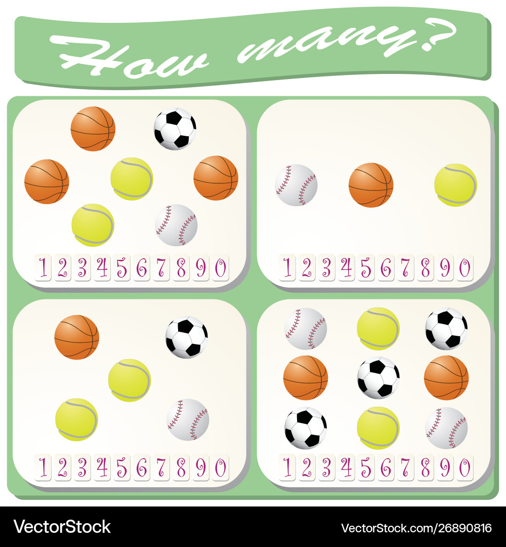 Sports balls logical task count and mark Sports balls logical task count and mark Vector Image