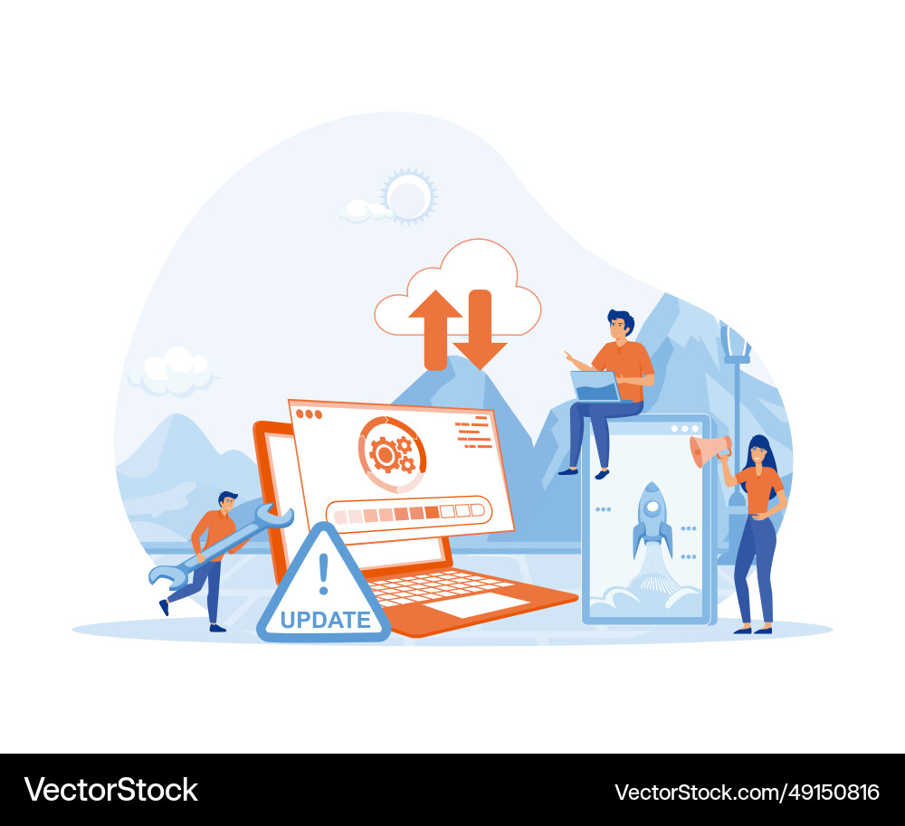 System updates with people updating operation System updates with people updating operation Vector Image