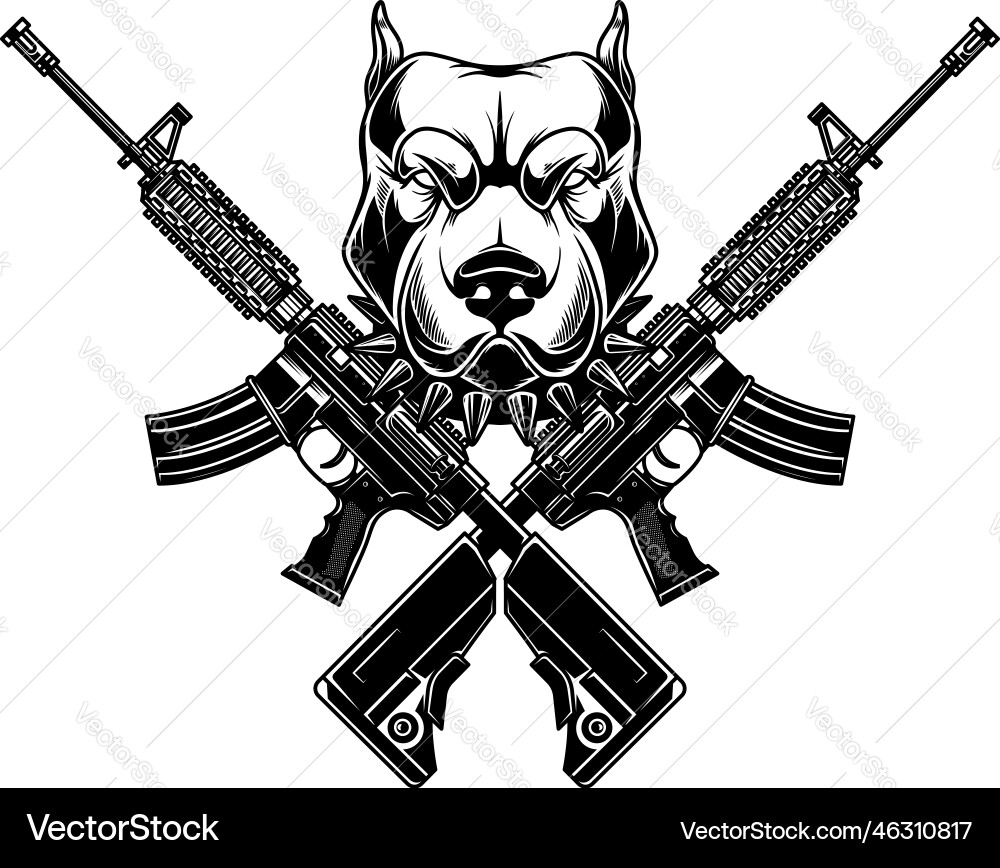 Angry Hundekopf mit gekreuzten Angriffsgewehren Design Angry Hundekopf mit gekreuzten Angriffsgewehren Design vektorbild